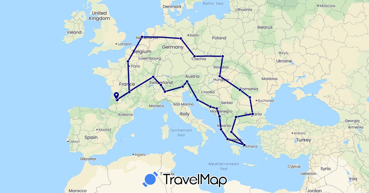 TravelMap itinerary: driving in Albania, Austria, Bosnia and Herzegovina, Bulgaria, Switzerland, Czech Republic, Germany, France, Greece, Croatia, Hungary, Italy, Montenegro, Macedonia, Netherlands, Poland, Romania (Europe)